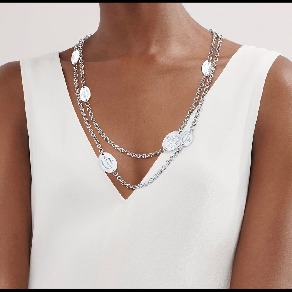Tiffany & Co Oval Tag Station Necklace, Gently Worn, Dust Bag & Box, 55” long
